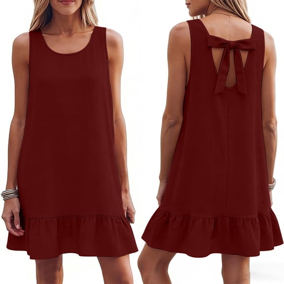 BUIGTTKLOP Sundresses for Women Sleeveless Mini Dresses Crewneck Ruffle Hem Loose Fitted Summer Dresses