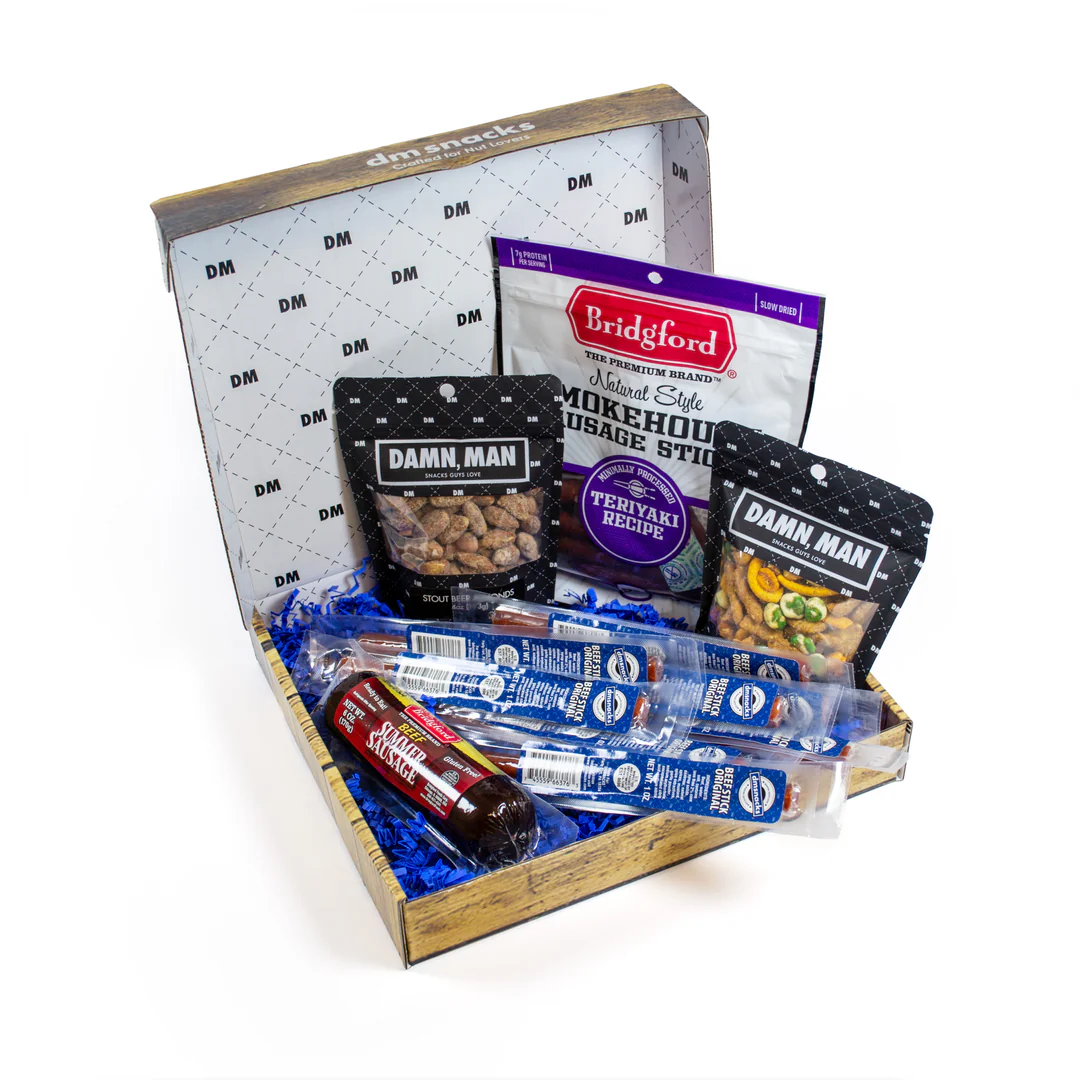 Damn Man Deluxe Beef & Brews Snack Box - 12 Pc Gourmet Gift - Meat Stick & Nuts