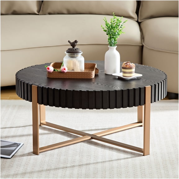 JERFIT 31.5 Inch Round Drum Coffee Table for Living Room, Modern Pedestal Side Table with Stainless Steel Base, Matte Black Finish