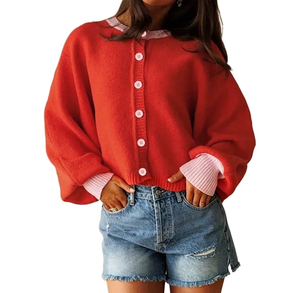 Women's Cropped Cardigan Sweaters Fall Long Sleeve Open Front Color Block Knit Outwear Coats Red S