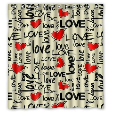 Red Shower Curtain Set GreenDecor Vintage Love Red Heart Art Waterproof Shower Curtain Set with Hooks Bathroom Accessories Size 66x72 inches ()