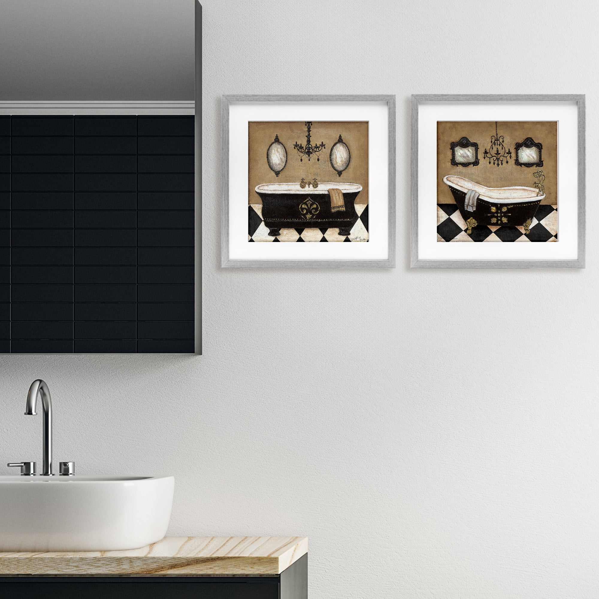 Stupell Industries Elegant Bathroom with Chandeliers 2 Piece Gray Framed Print Under Glass Set, design by Janet Tava