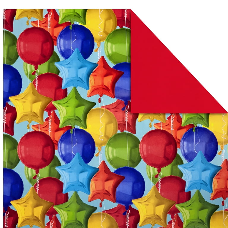 Hallmark Reversible Wrapping Paper, Blue Happy Birthday/Red With Dots