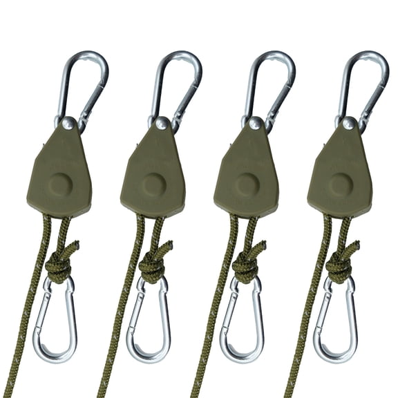 Keovoker Retractable Heavy Duty Ratchet Strapping 4-Pack, 13 ft, 75 lbs, Rope Pulley System with 2 Carabiner Hooks, and Various Tie-Down Uses, Army Green