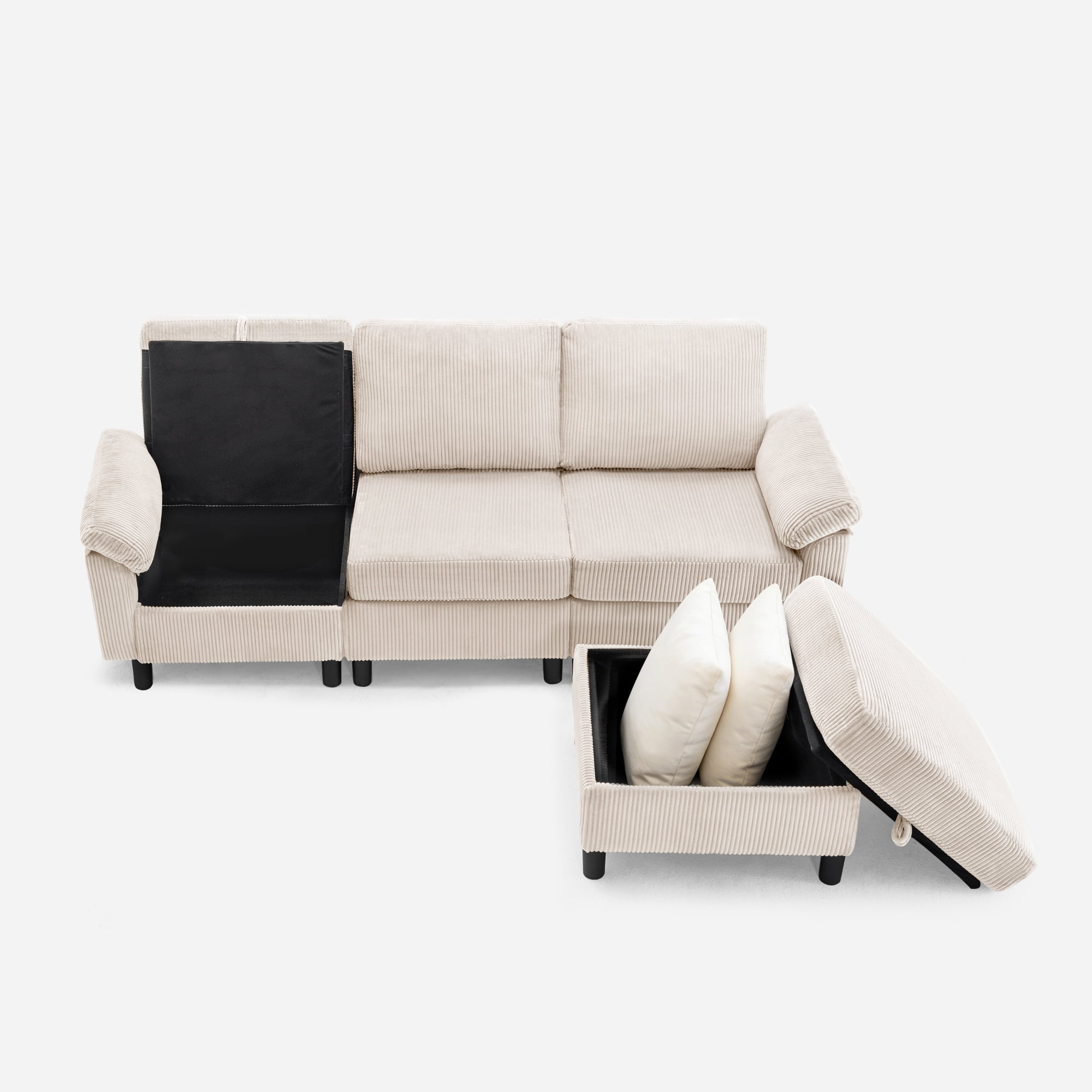 SAETSFEG Sectional Sofa, L-Shape 3-seat Couch with Movable Ottoman, Modern Storage Modular Sofa for Living Room,Beige