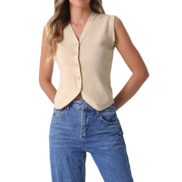 Chaleco de Suéter para Mujeres, Cardigan de Cuello en V con Botones, Corto, Sin Mangas, Casual de Negocios, Tops de Punto en Color Albaricoque, Talla M