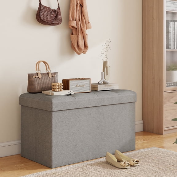 LOGYAT 30" Folding Storage Ottoman Bench for Living Room and Bedroom, Ottoman with Hidden Storage, End of Bed Foot Rest Stools, Holds up to 660lbs, Light Gray