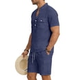 thumbnail image 2 of Domuza Men's Linen 2 Pieces Set Casual Henley Short Sleeve Button Up Tshirts and Shorts with Pockets 2026 New Fashion Beach Vacation Set Navy XL, 2 of 4