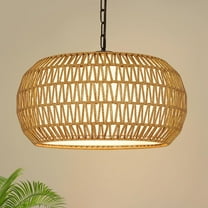 19" Rattan Chandeliers for Dining Room, Large Boho Hanging Light Fixture Over Table, Pendant Light with Hand Woven and Fabric Lampshade, Farmhouse Chandelier for Kitchen Island Bedroom Hallway