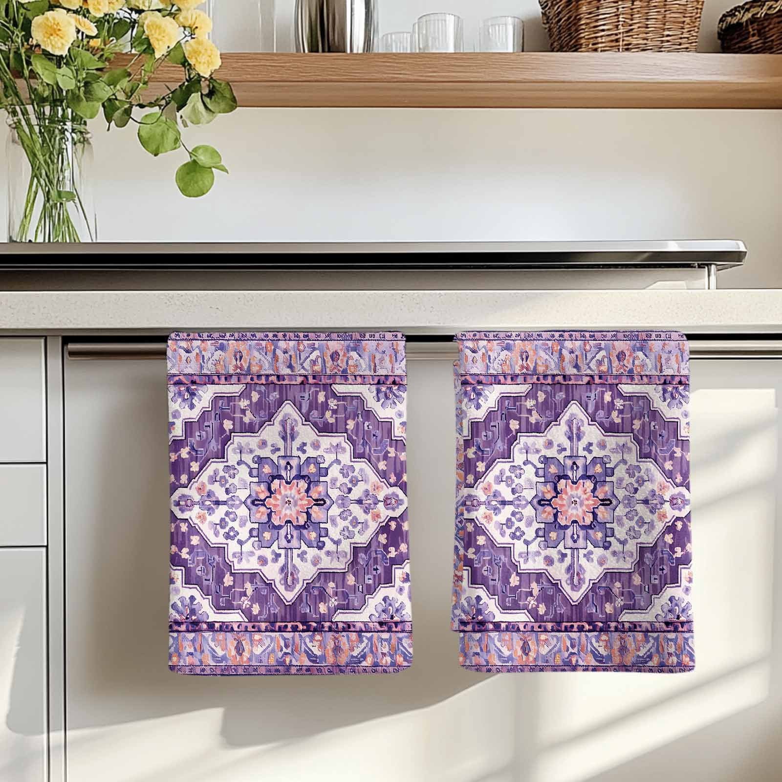 Dish Towels, Purple Bohemian Absorbent Kitchen Towels 2 PCS, Vintage Medieval Mural Microfiber Hand Towels Dish Cloths Tea Towels for Home&nbsp;Bathroom Cleaning Drying,18X28-Inch,