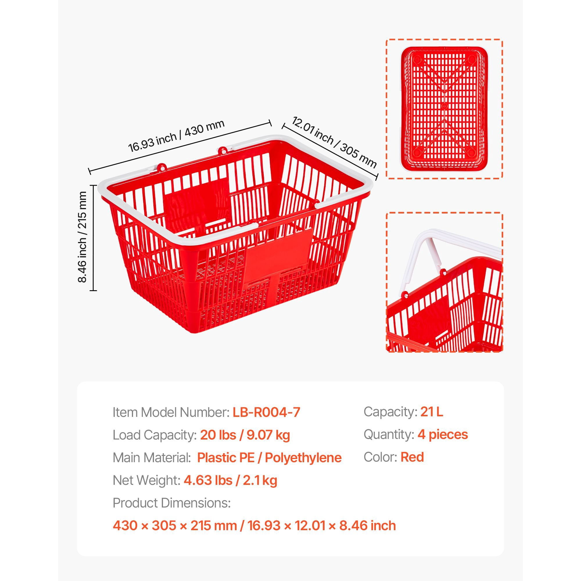 Shopping Baskets, 4 PCS, 21L Stackable PE Plastic, Ergonomic Handles, Dense Mesh Structure, Holds 20 lbs, for Grocery, Retail, Stores & Supermarket Use