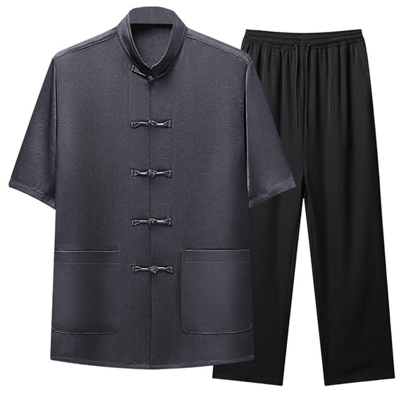 Jessboyy Mens 2 Piece Outfits Sets Casual Frog Button Stand Collar Shirts and Pants Sets Trendy Tai Chi Outfit Tang Suit for Men Going Out Clothing Set Dark Gray,XXXL