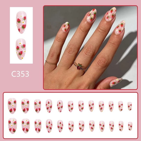Valentine’s Day Fake Nails, Acrylic Press On Nails, Strawberry Nail Small Yellow Flower Decorative Nail Film, Easy To Use Nail Art Decoration