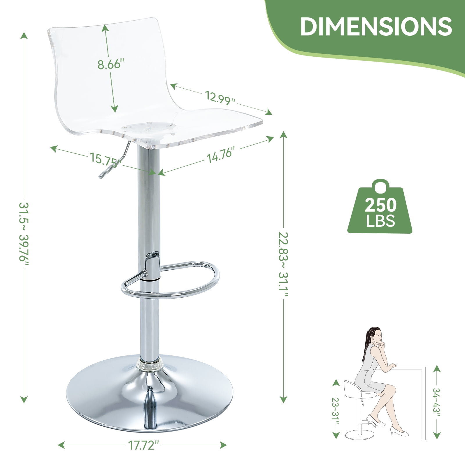 Acrylic Bar Stools Set of 2, Clear Adjustable Height Silver Base Barstools with Back, 360° Swivel Transparent Modern Bar Stool for Kitchen Island, Dining, Bar, Pub