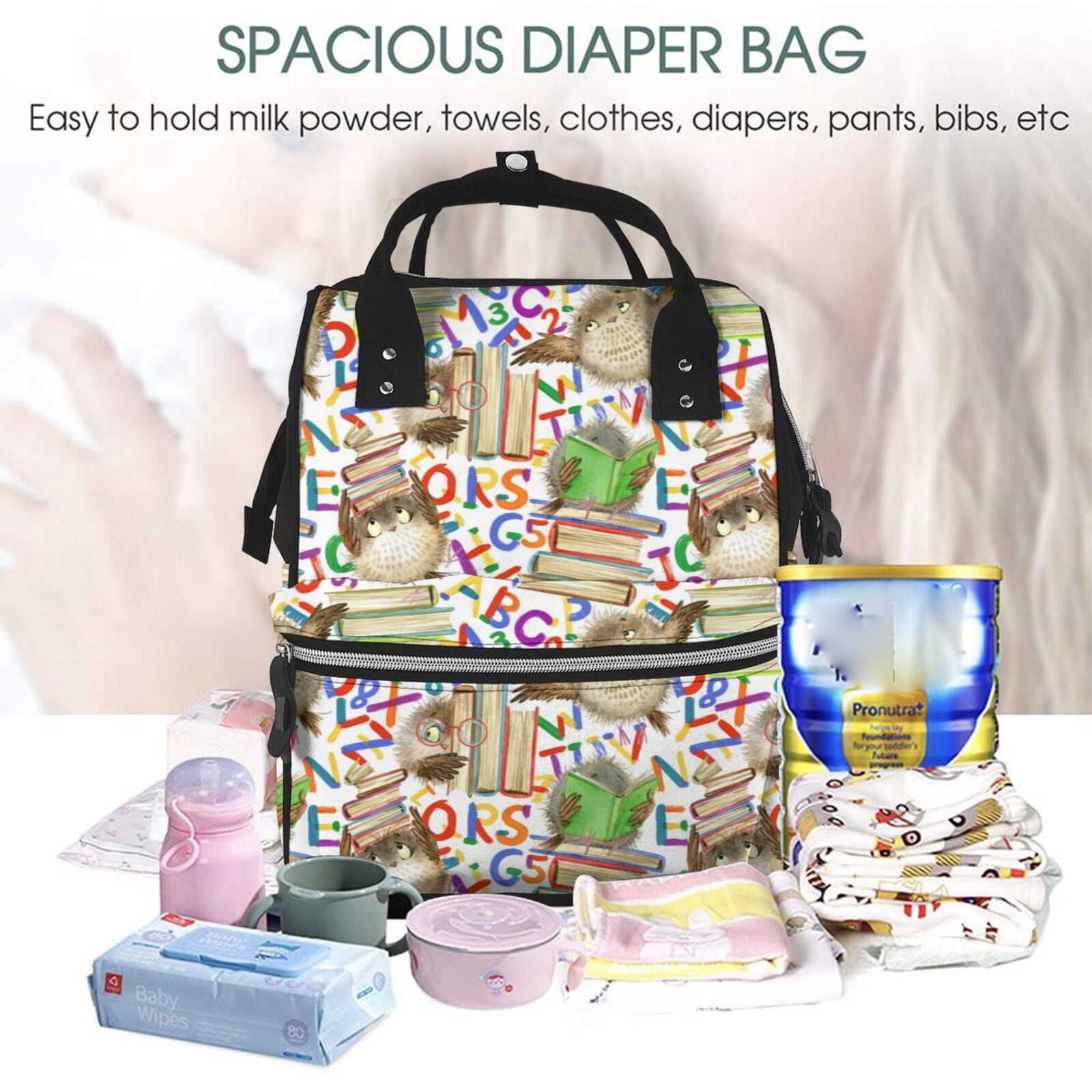 Xecao Owl Back To School print Large Capacity Nappy Bag is a multi-functional waterproof travel backpack, perfect as a nursing bag or mummy backpack for women