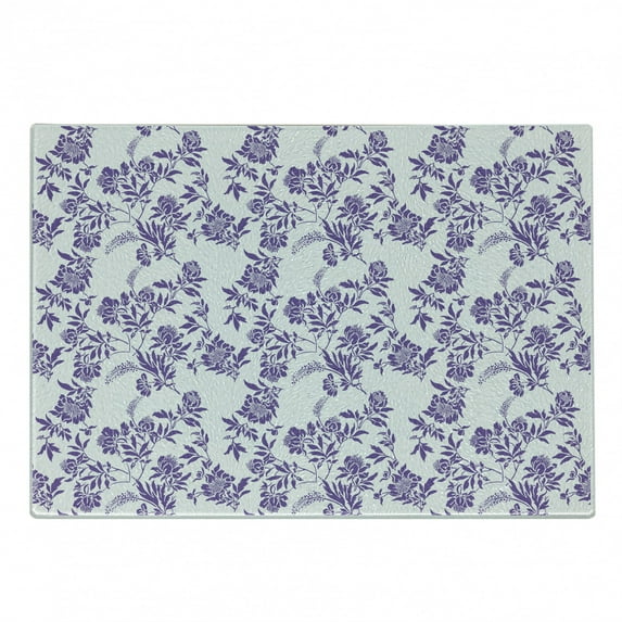 Floral Cutting Board, Thriving Seasonal Plants with Randomly Distributed Lilac Posies Abstract Style, Decorative Tempered Glass Cutting and Serving Board, in 3 Sizes, by Ambesonne