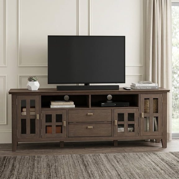 Simpli Home Artisan 72 inch Wide Solid Wood TV Stand in Farmhouse Brown For TVs up to 80 inches