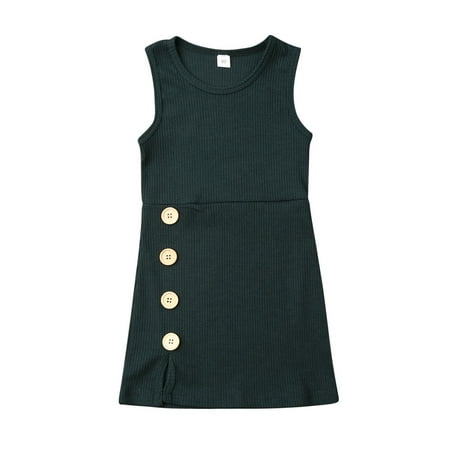 

Canrulo Toddler Kids Baby Girls Sleeveless Top Dress Knitted Button Pricess Casual Dress Outfits Green 12-18 Months