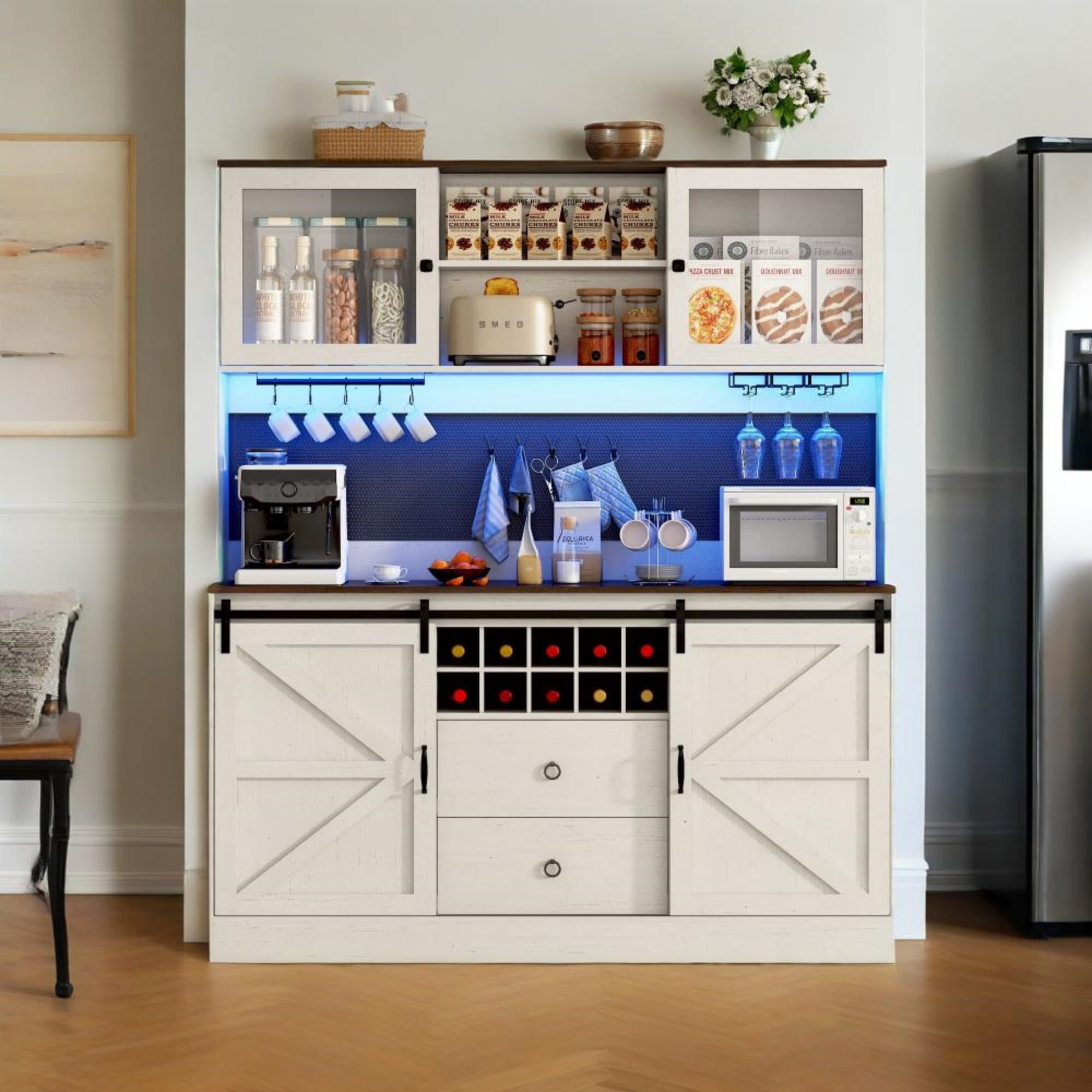 74" Farmhouse Kitchen Pantry Storage Cabinet with LED Light & Charging Station, 63" W Coffee Bar Cabinet Kitchen Cupboard with Hutch and Sliding Barn Doors, Pegboard