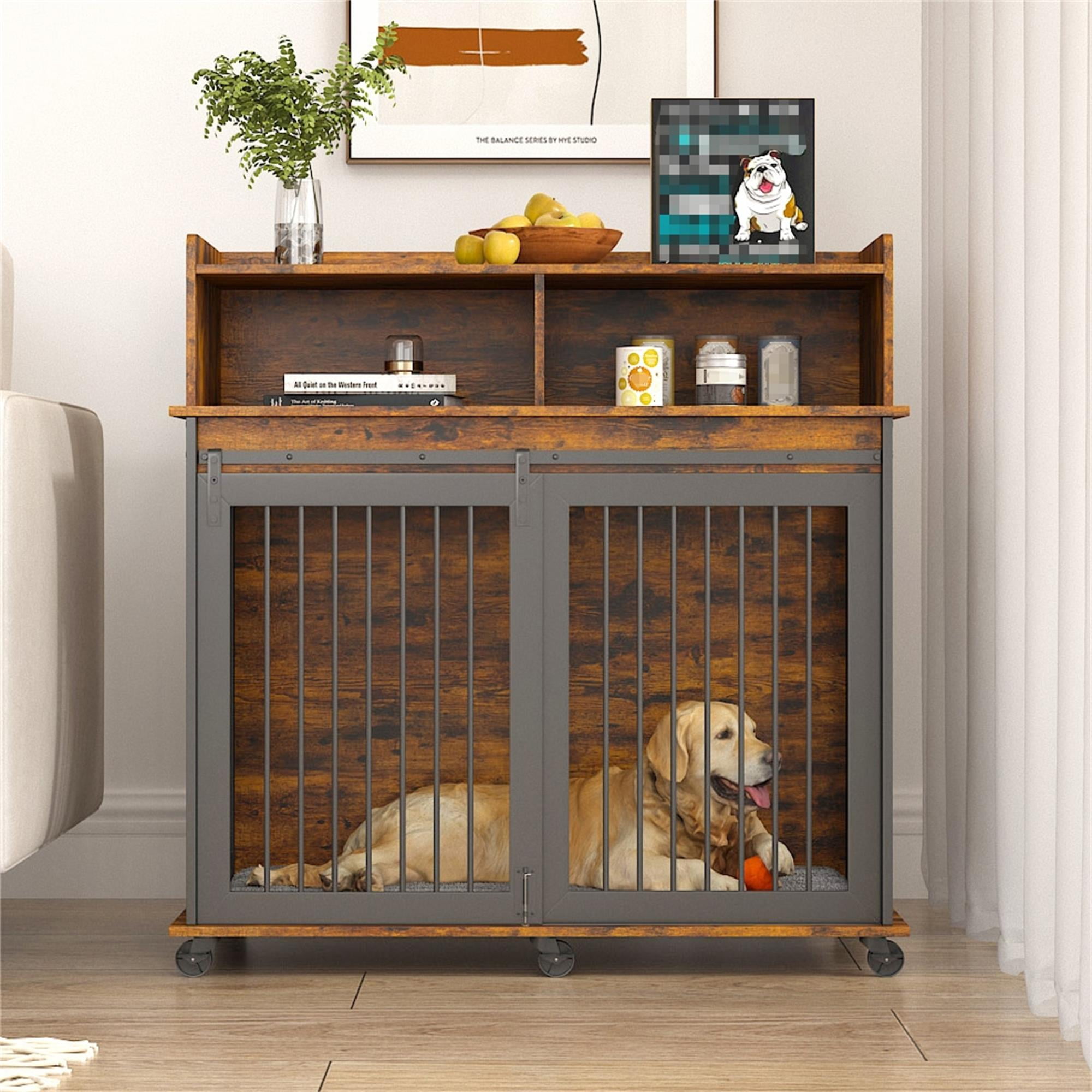 Pefilos 43" Heavy Duty Dog Crate with Cabinet, Furniture Style Dog Cage Sliding Frame Iron Door with Wheels, Mat, Dog House for Indoor Dogs, Brown Pefilos 43" Heavy Duty Dog Crate with Cabinet, Furniture Style Dog Cage Sliding Frame Iron Door with Wheels, Mat, Dog House for Indoor Dogs, Brown
