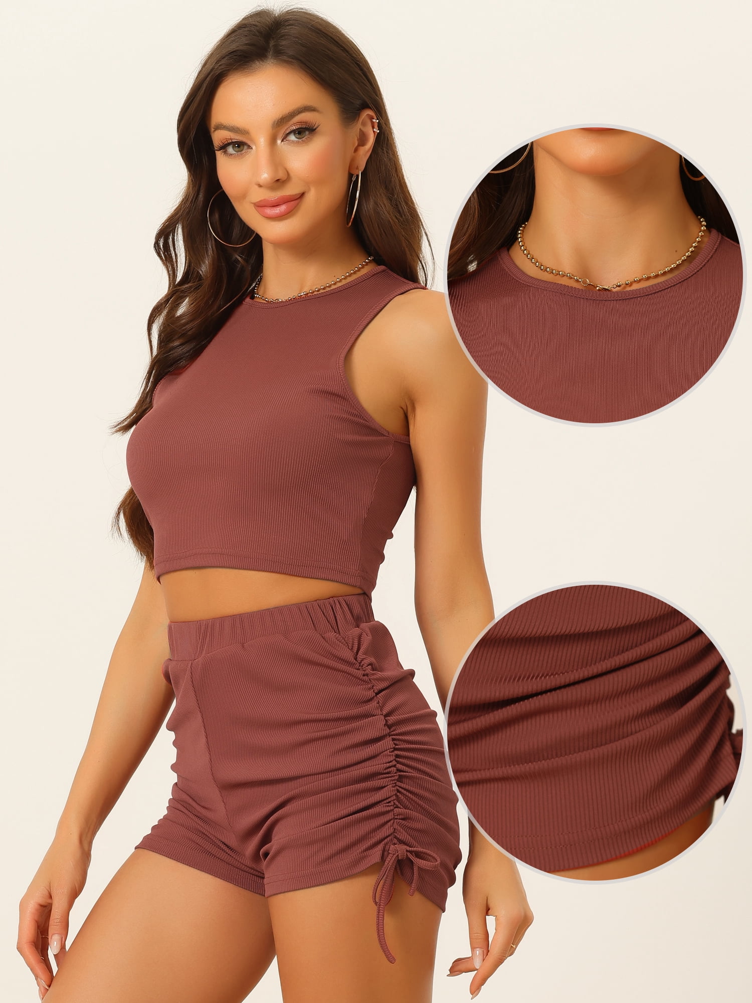 Unique Bargains Women's Stretchy Ribbed Tank Crop Top Ruched 2 Piece Outfits Shorts Set XS Brick Red