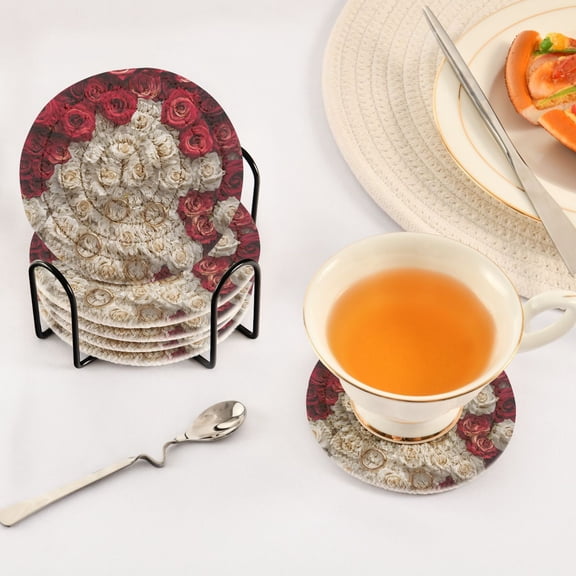 BZSMCE 6Pcs Drink Coasters With Holder 3.94Inch White and Red Rose Creative Coil Coaster Coasters Colors Absorbent Coasters for Drinks Coasters Set Thicken Heat for Home Table