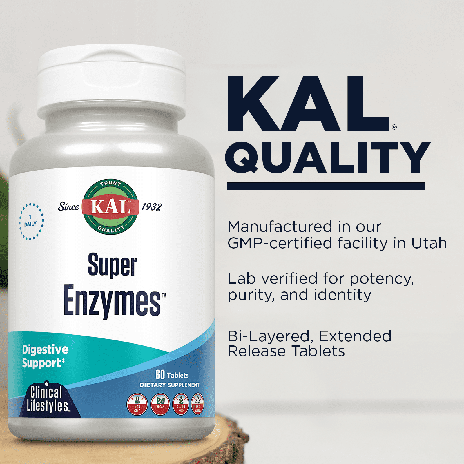KAL Super Enzymes | Healthy Digestive Support | Digestive Enzymes and Herbs in Bi-Layer/Extended Release Formula | Lab Verified | 60 Tablets