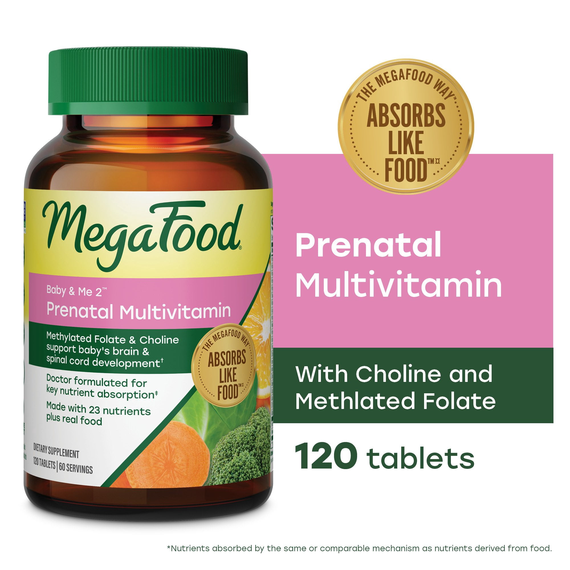 MegaFood Baby & Me 2 Prenatal Multi - Folate, Choline, Iron, Vitamins C & D3 - 60 Servings