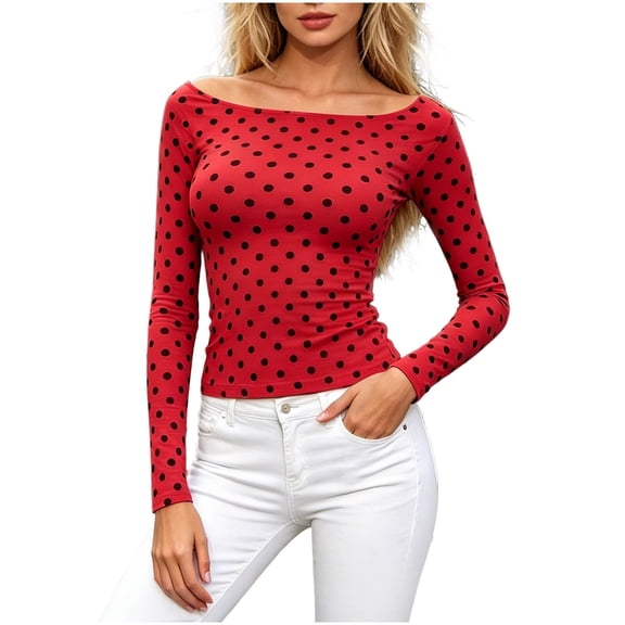 hoksml Women's Polka Dot Off Shoulder Long Sleeve Top Stretch Slim Fitted Boat Neck Y2K Blouse