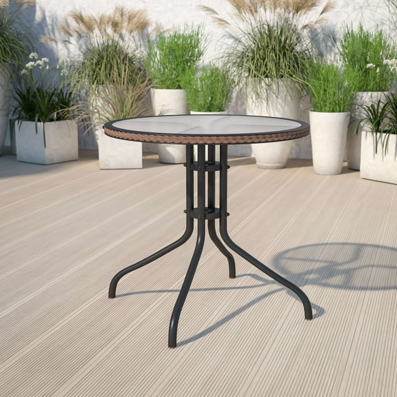 Emma   Oliver 28" Round Tempered Glass Metal Table with Dark Brown Rattan Edge