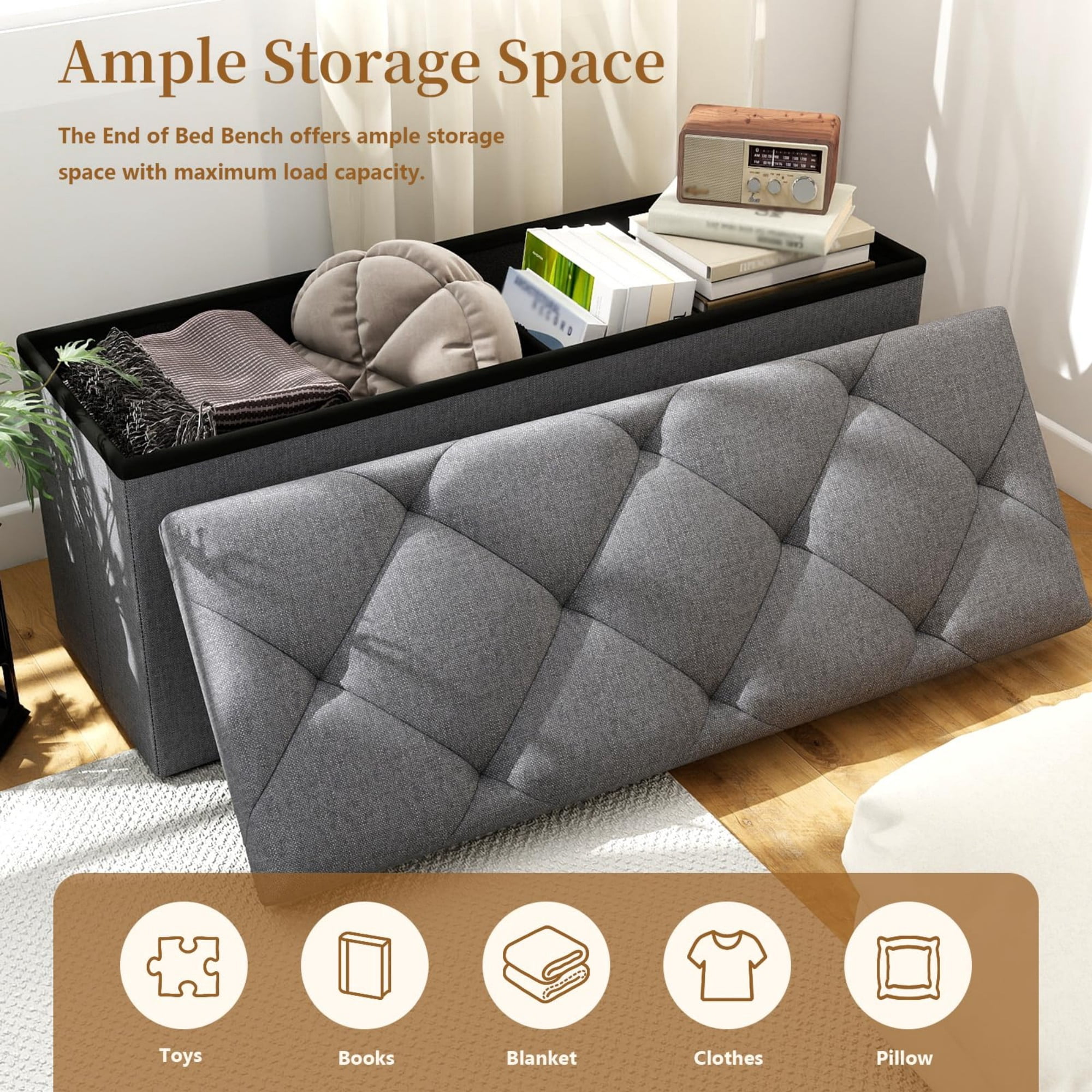 30" Storage Ottoman Bench, Folding Storage Bench Ottoman with Lid, 400 lbs Capacity, Fabric Footrest Seat for Bedroom Living Room Entryway, Grey
