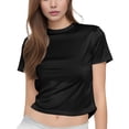 thumbnail image 2 of YVNAURA Summer Basic Crop Top Women Crew Neck Short Sleeve T Shirt Slim Fit Cotton Blend Cute Casual Tee Going Out Soft Stretchy Daily Top, Black,XL, 2 of 5