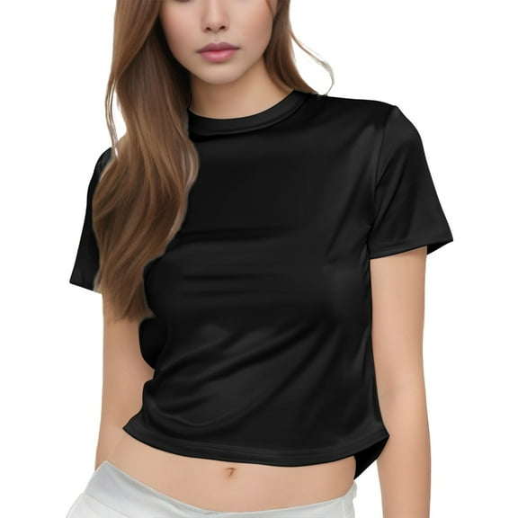 Delayuji Women Casual Short Sleeve T Shirts Summer Crewneck Tshirts Cute Tee Basic Crop Tops Black L Polyester,Spandex Short Sleeve Shirts for Women