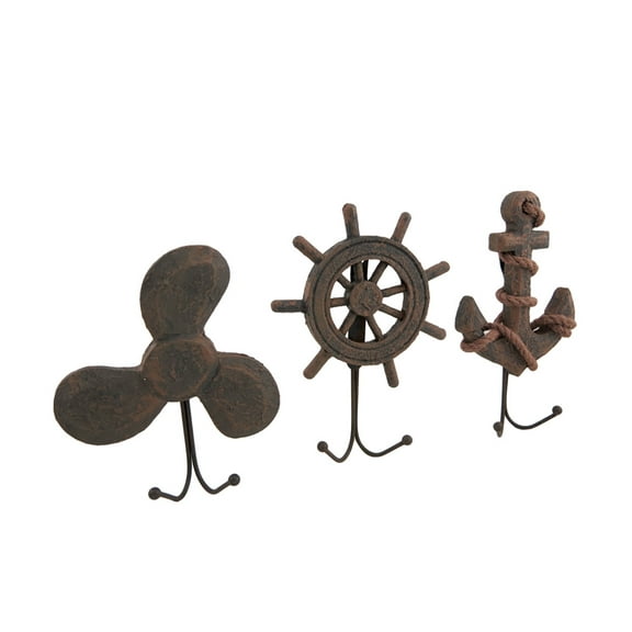 Zeckos Set of 3 Weathered Finish Anchor Prop and Wheel Nautical Wall Hooks