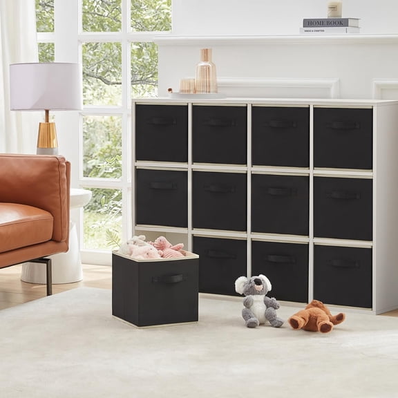 Storage Cubes Foldable Fabric Bins with Handles for Home Organization 13 Inch Black 12 Pack