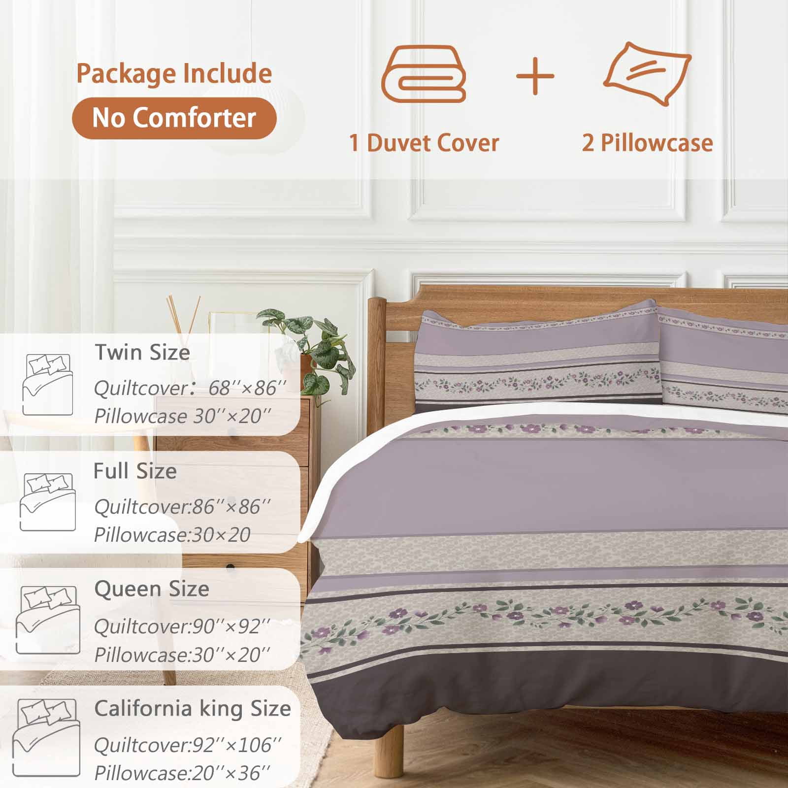 Purple Floral Bedding 3 Piece Duvet Cover Set California King, Modern Farmhouse Leaves Brown Striped Microfiber Comforter Cover with Zipper Closure & Pillowcases, Wrinkle & FadeResistant Quilt Cover