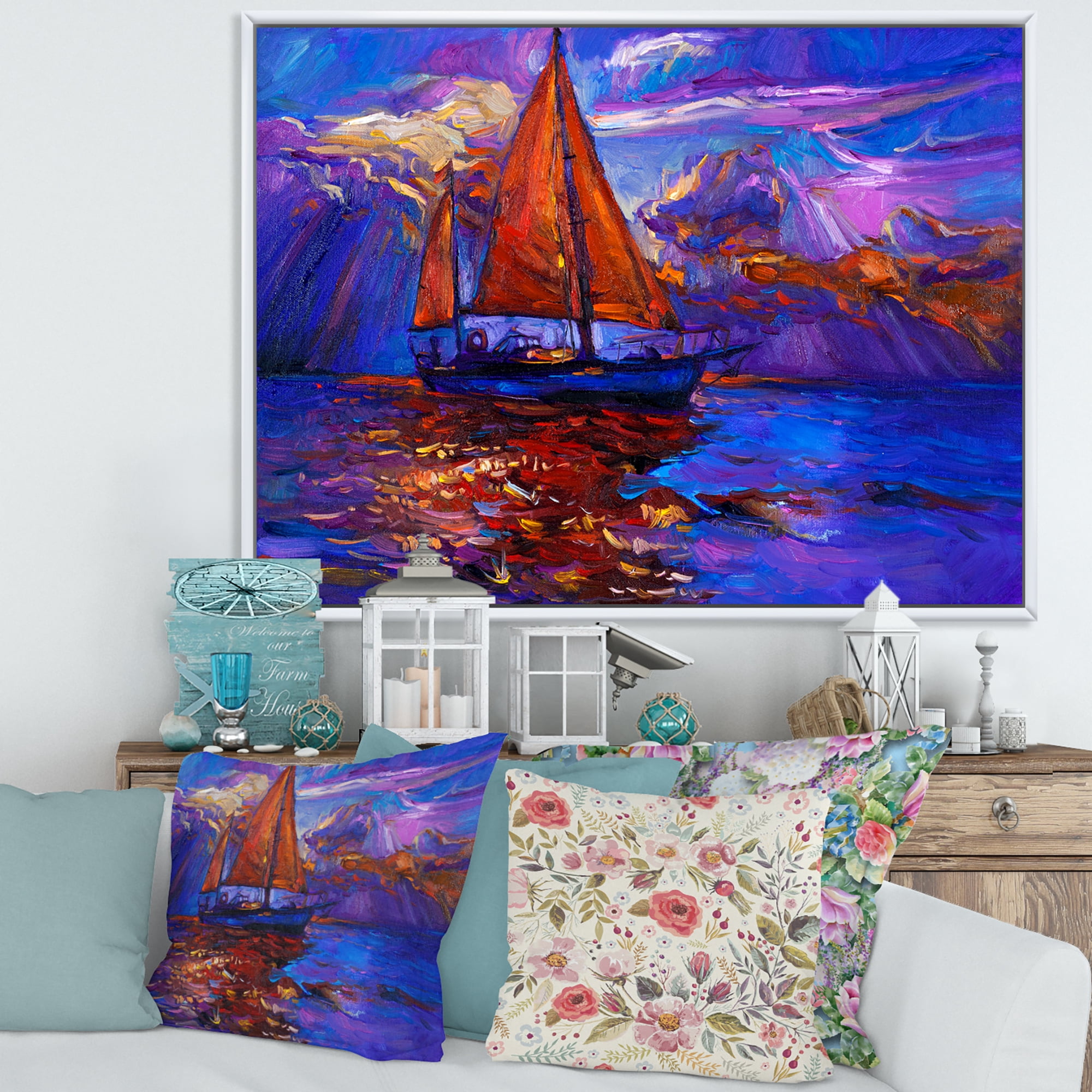 Red Sail Ship On Purple Sunset in Blue Ocean 32 in x 24 in Framed Painting Canvas Art Print, by Designart