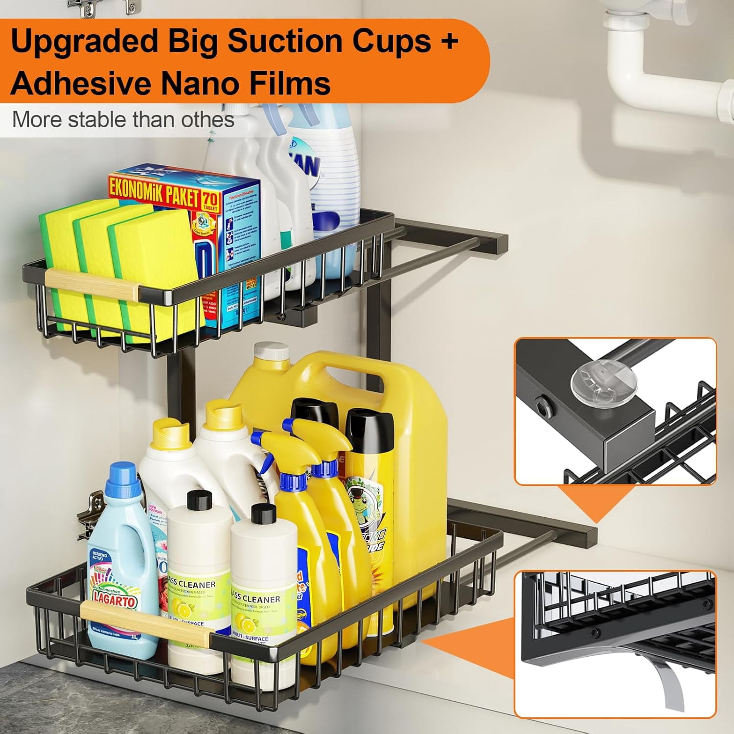 Under Sink Organizer and Storage, 2-Tier Pull Out Cabinet Organizers Shelf, Metal Sliding Drawers Shelves for Kitchen Bathroom Closet Organization, 2 Pack