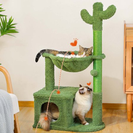 ZephyPaws Cactus Cat Tree 40" Cat Tower with Large Metal Carpet Hammock, for Indoor Cats , Green