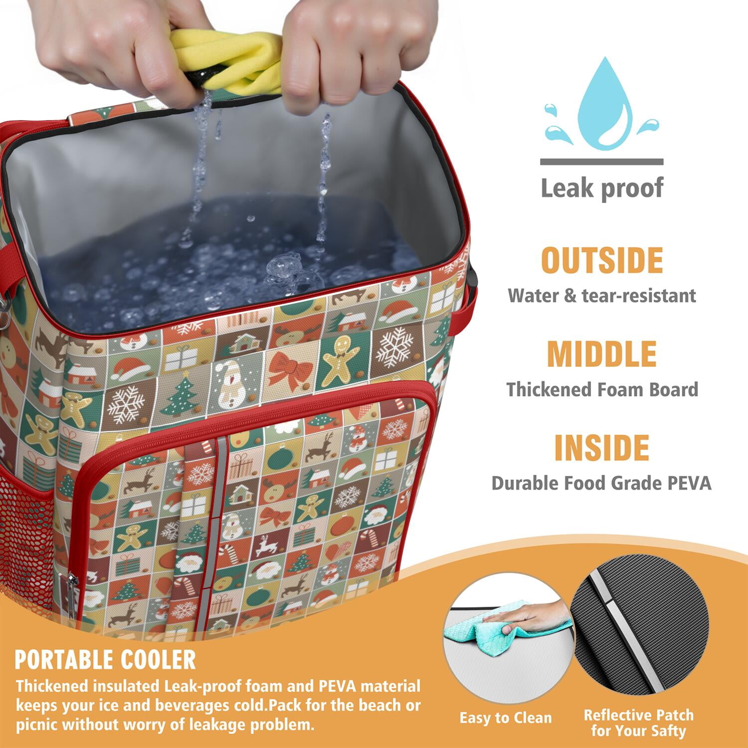 Travel Cooler Bag - Multicolor Christmas Pattern Camping Beer Cooler Backpack with Bottle Opener- Waterproof Insulated Picnic Backpacks - Cooler Bag for Beach