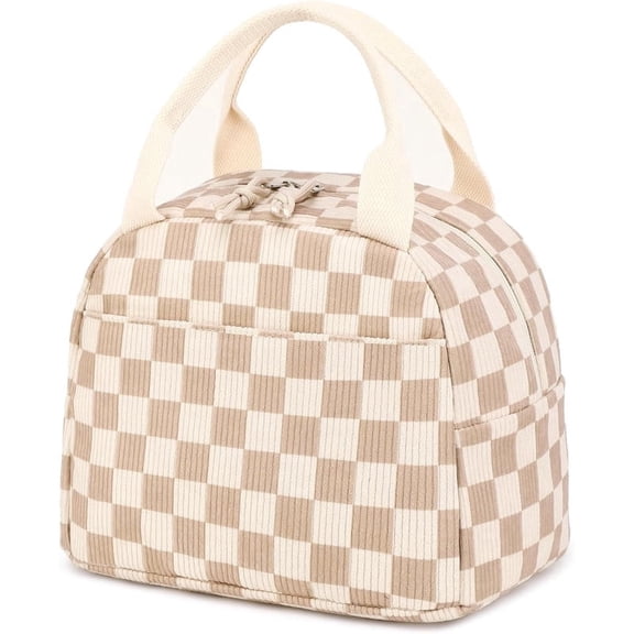 Alikpop Insulated Corduroy Lunch Tote Bag, Beige Checkerboard