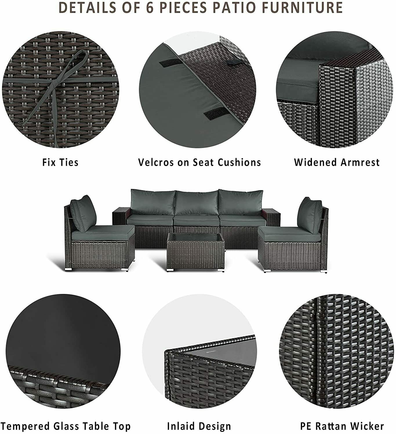Gotland Outdoor Patio Furniture Set 6 Piece Sectional Rattan Sofa Set Rattan Wicker Patio Conversation Set with 5 Seat Cushions and 1 Tempered Glass Table,Grey