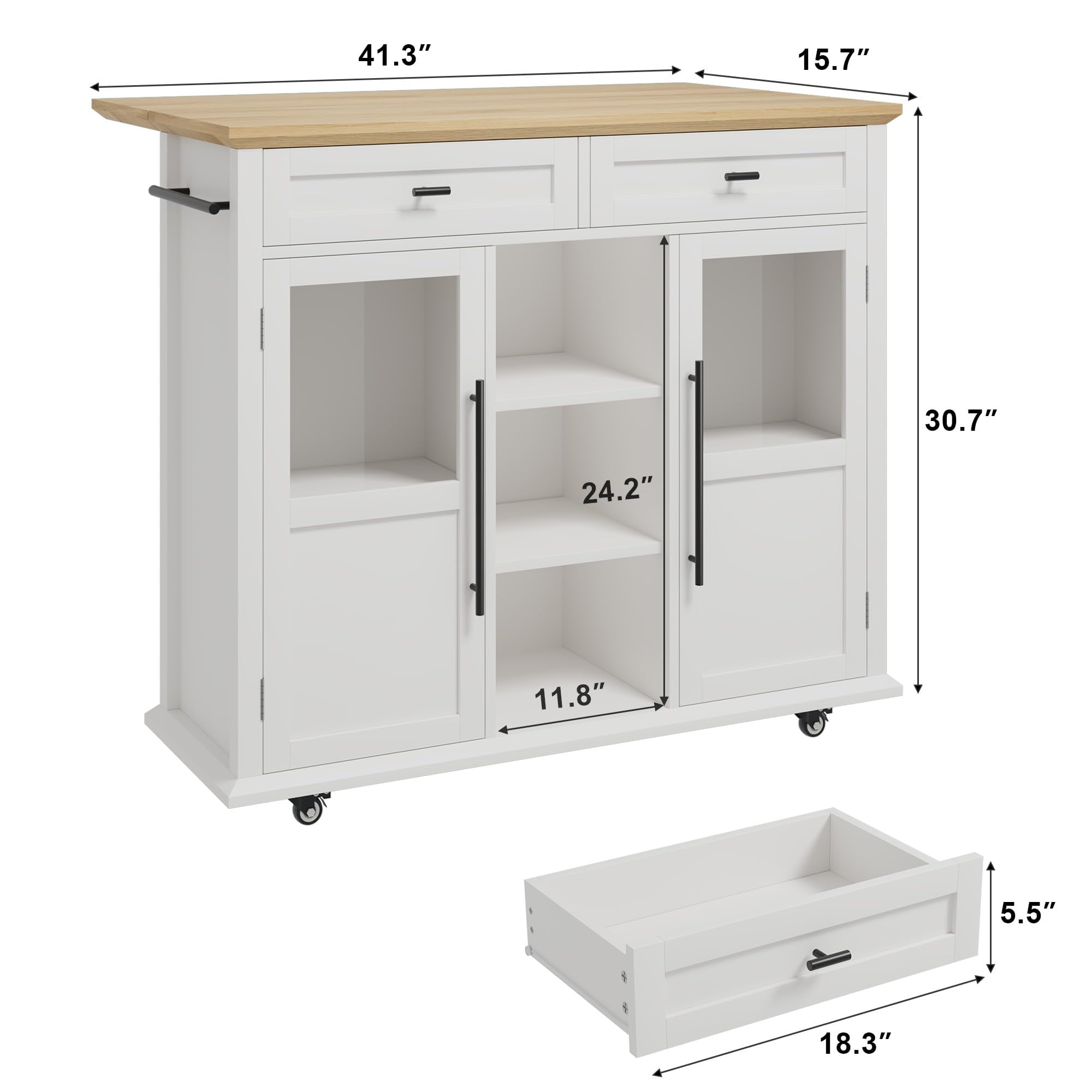 Ataucjin Foldable Kitchen Island On Wheels,Rolling Kitchen Island Cart with 2 Glass Doors,Spice Rack & Towel Holder,Kitchen Island Table with Storage Cabinet,Compact Mobile Storage Cart for Kitchen