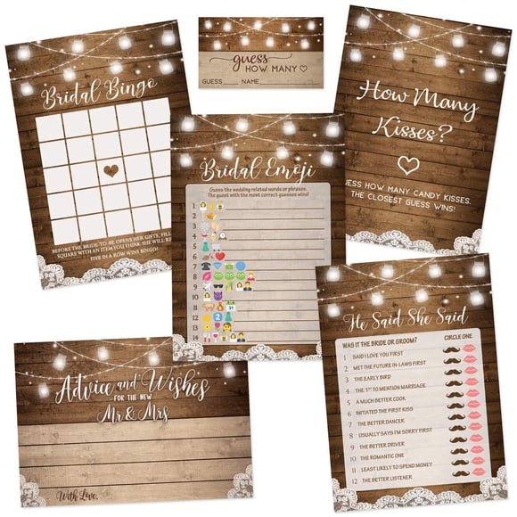 Kit de despedida de soltera rústica para fiesta impresa, 5 juegos y actividades, 250 tarjetas
