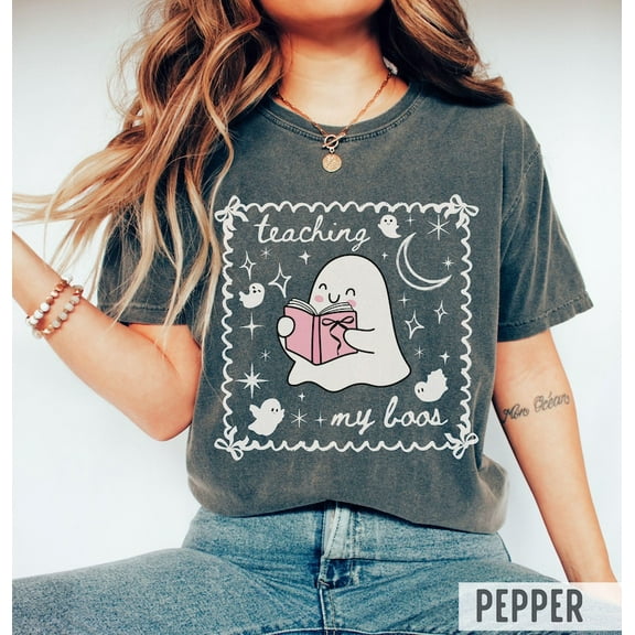 Teaching My Boos Shirt, Messy Coquette Bookish Ghost Reading Halloween Shirt, Cute Bows Bookcore Teacher Tee 200619