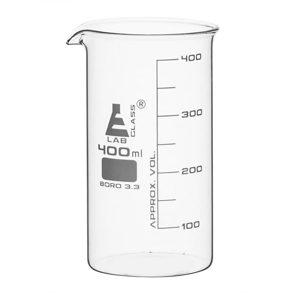 EISCO Beaker, 400ml - Tall Form with Spout - White, 50ml Graduations - Borosilicate 3.3 Glass