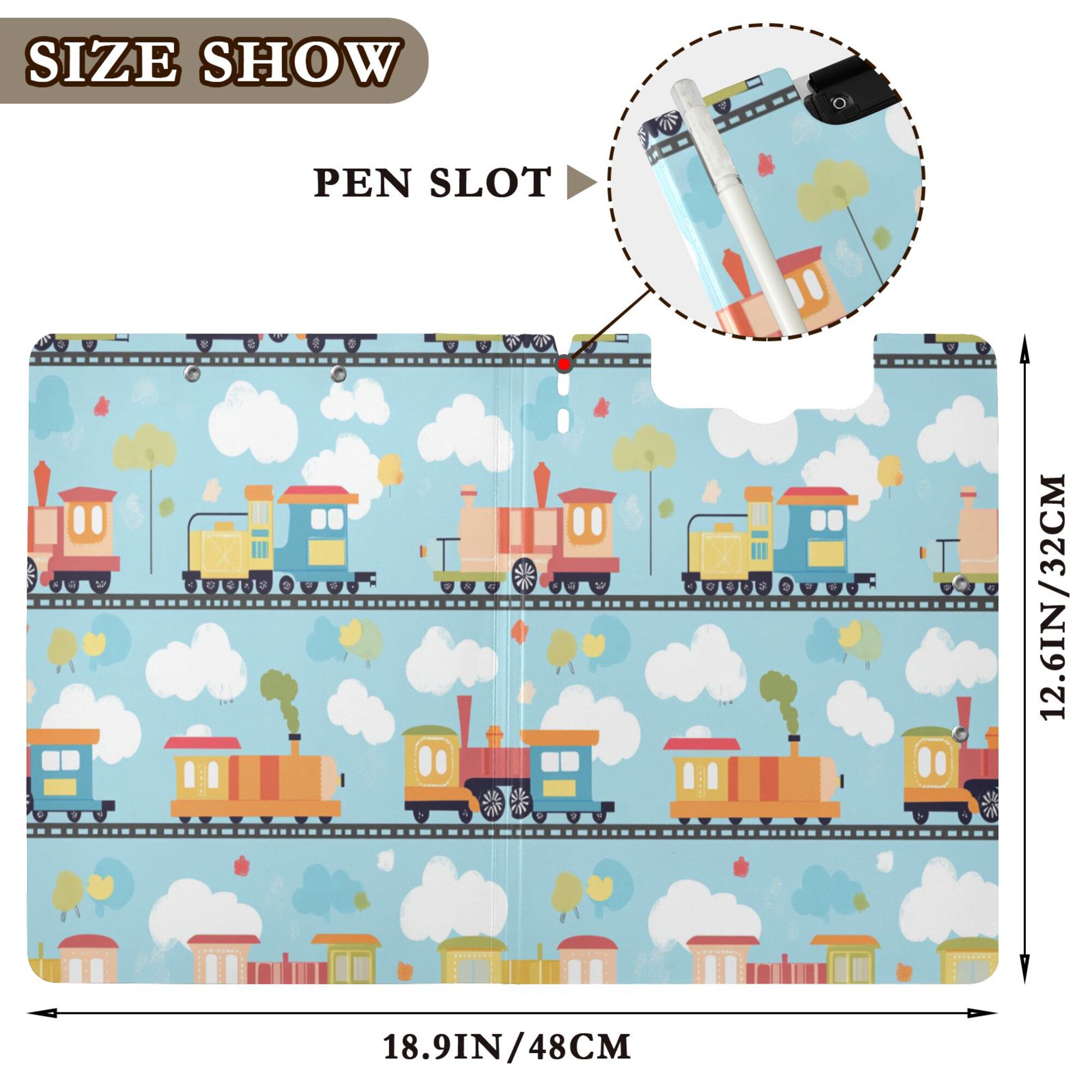 FORMRS A4 Clipboard Folder with Pen Holder Horizontal Foldable School Office Binder, Cartoon Train Pattern
