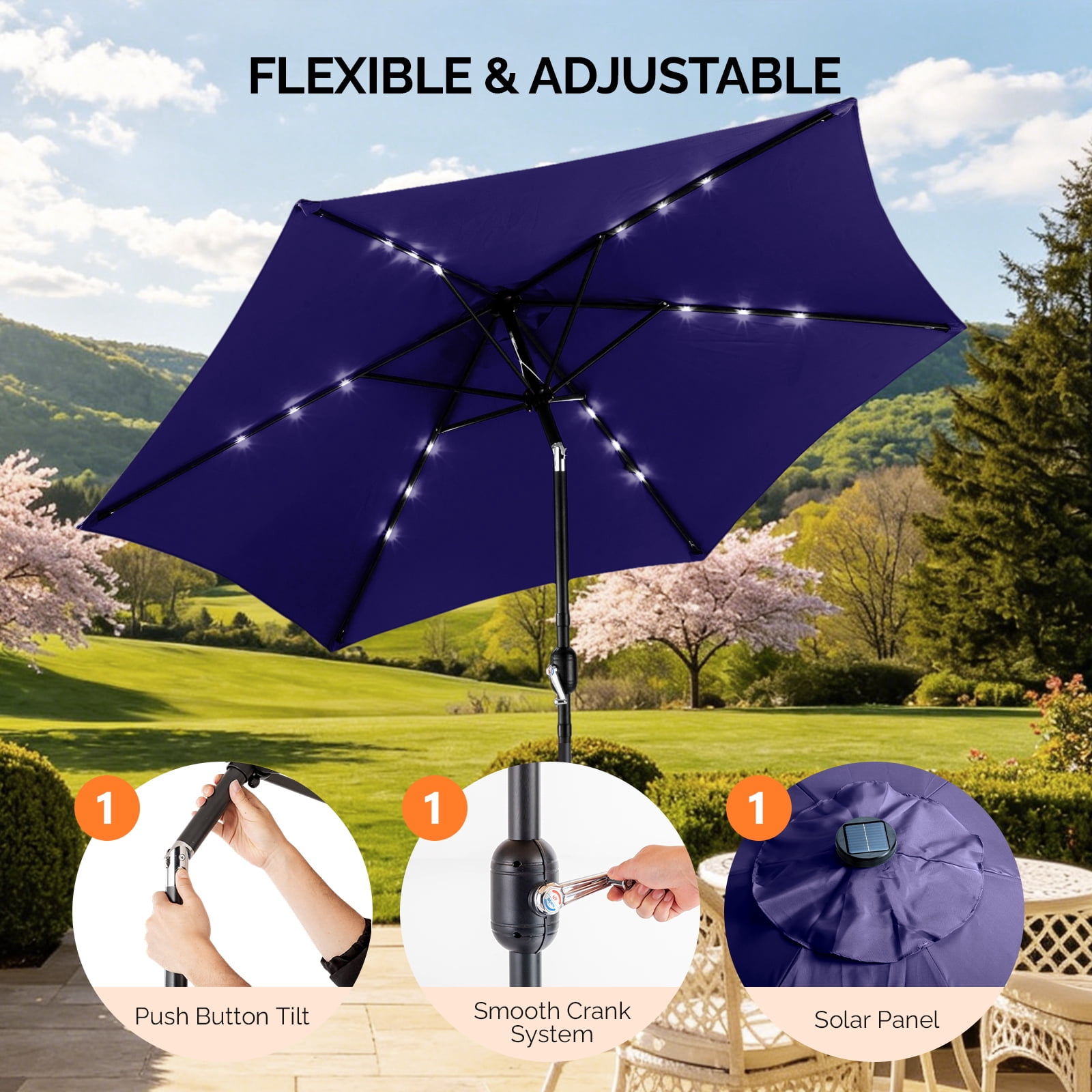 9ft Navy Blue Solar Patio Umbrella with LED Lights, UPF 50+ Waterproof Solution-Dyed Polyester Canopy, 6 Iron Ribs, Push Button Tilt & Crank Lift, Wind Resistant for Patio Garden Poolside