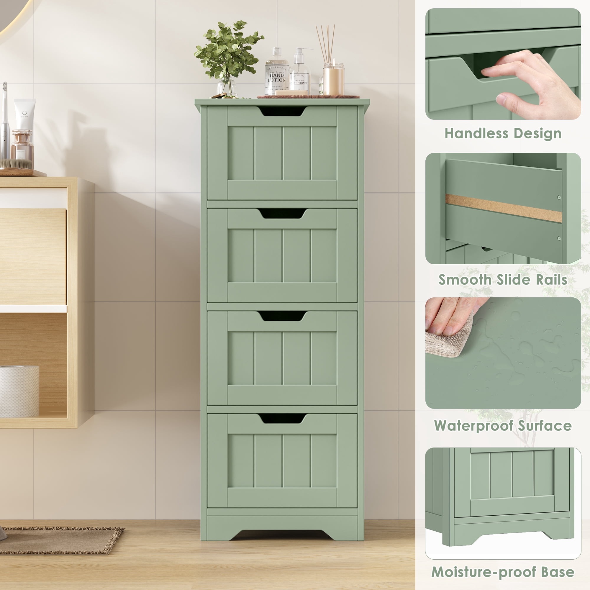 Homfa Bathroom Storage Cabinet, Free Standing Narrow Cabinet with 4 Drawers Entryway Storage Organizer for Living Room Bedroom, Green