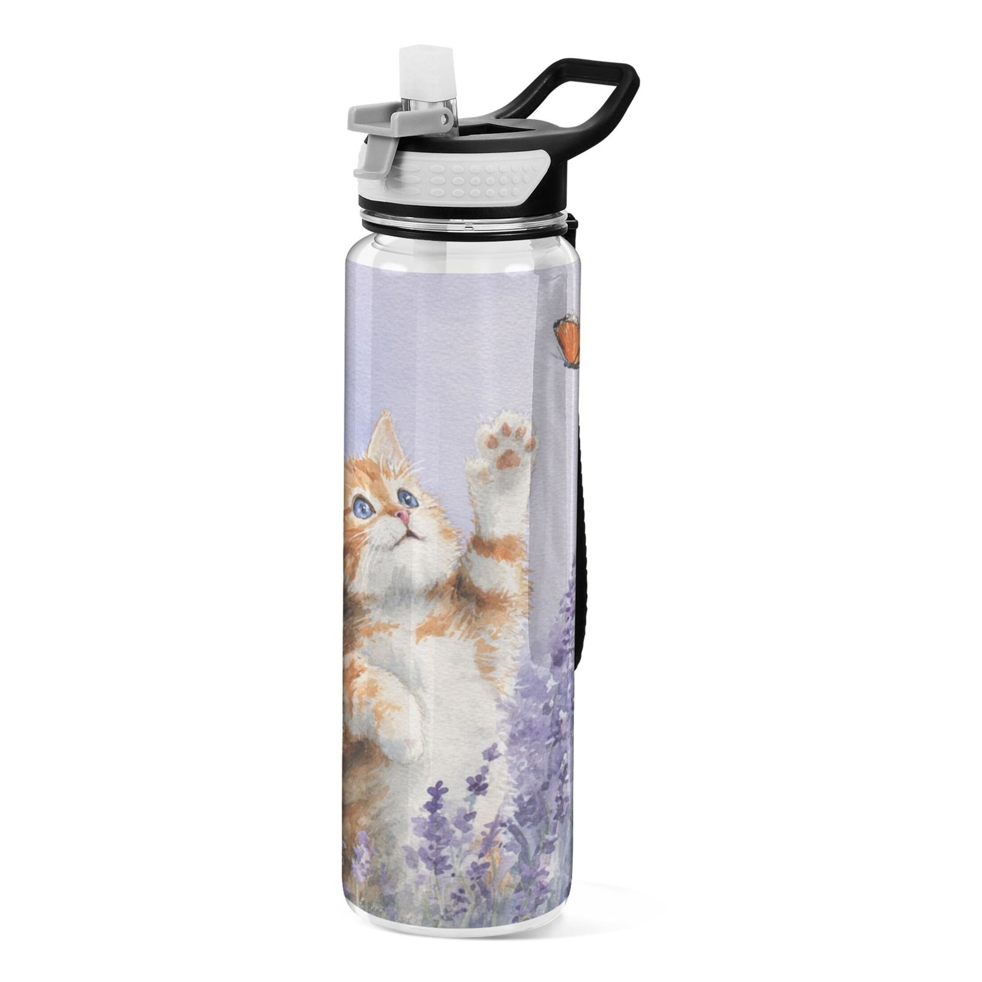 Wobogo Sports Water Bottle 34oz with Straw BPA-Free Tritan for Gym Travel & Outdoor Activities Kitten Lavender Garden Print